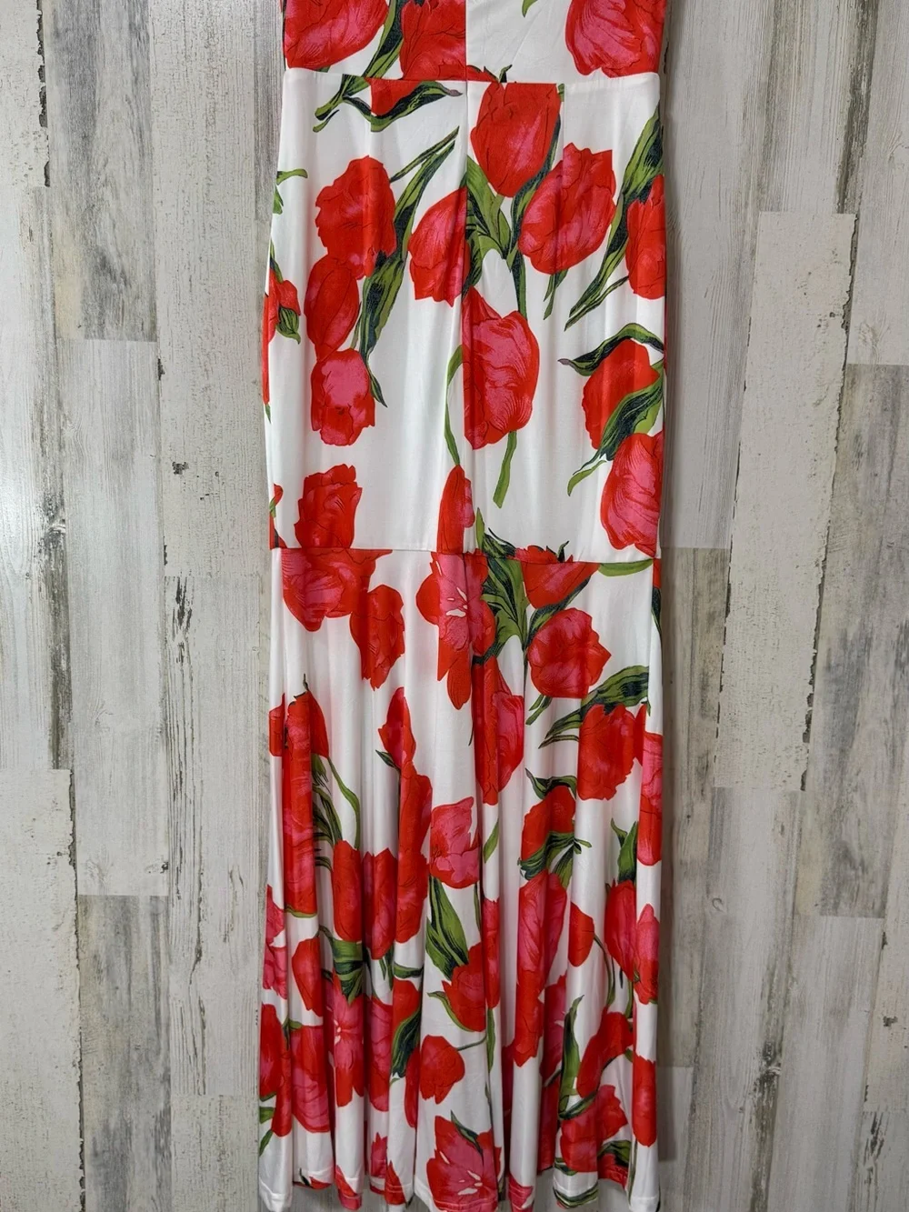 Strapless Mermaid Style Dress with Red Floral Print and Fitted Bodice